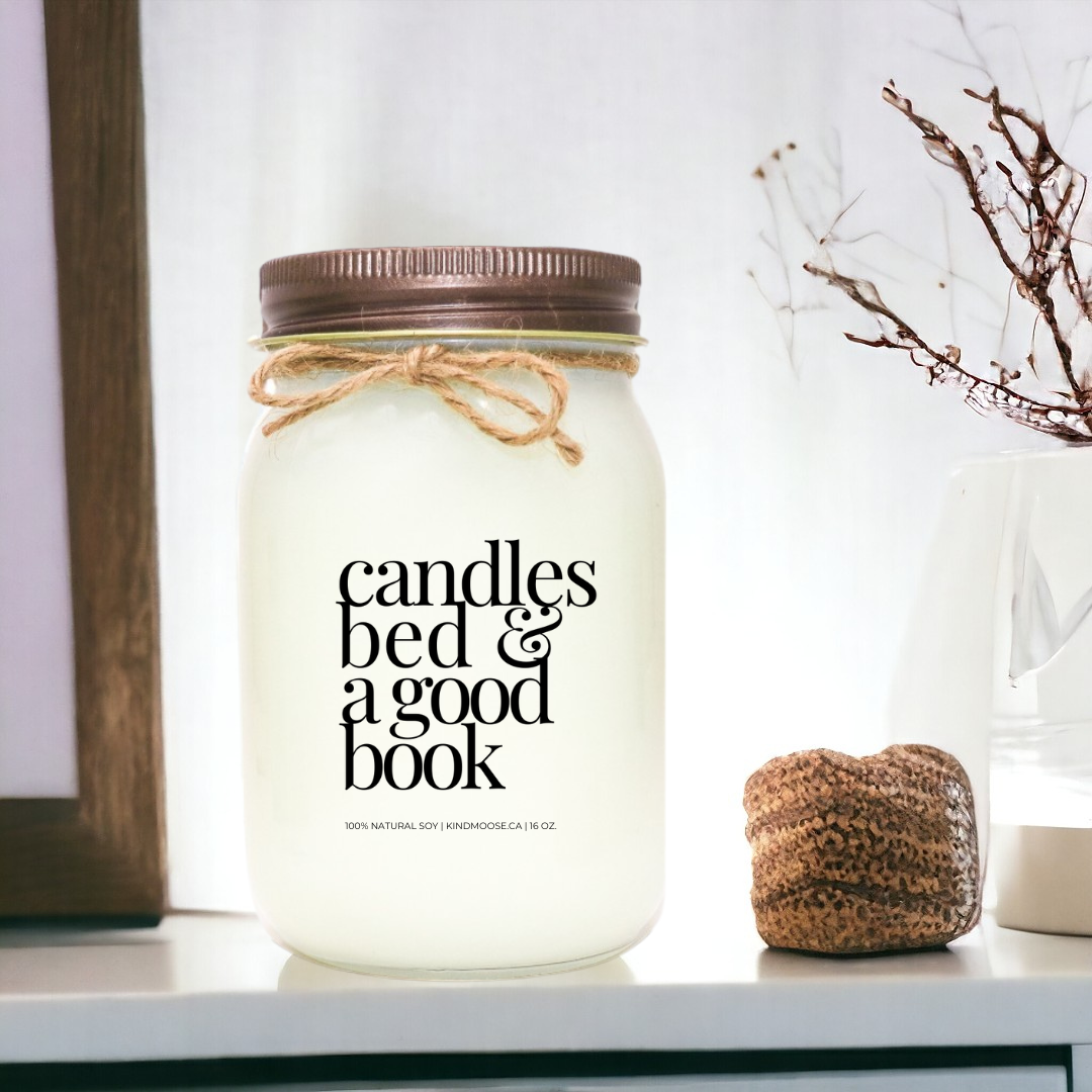 Candles, bed & a good book - 16 oz Scented Soy Candle in Mason Jar - Brown Lid - Choose from a variety of scents