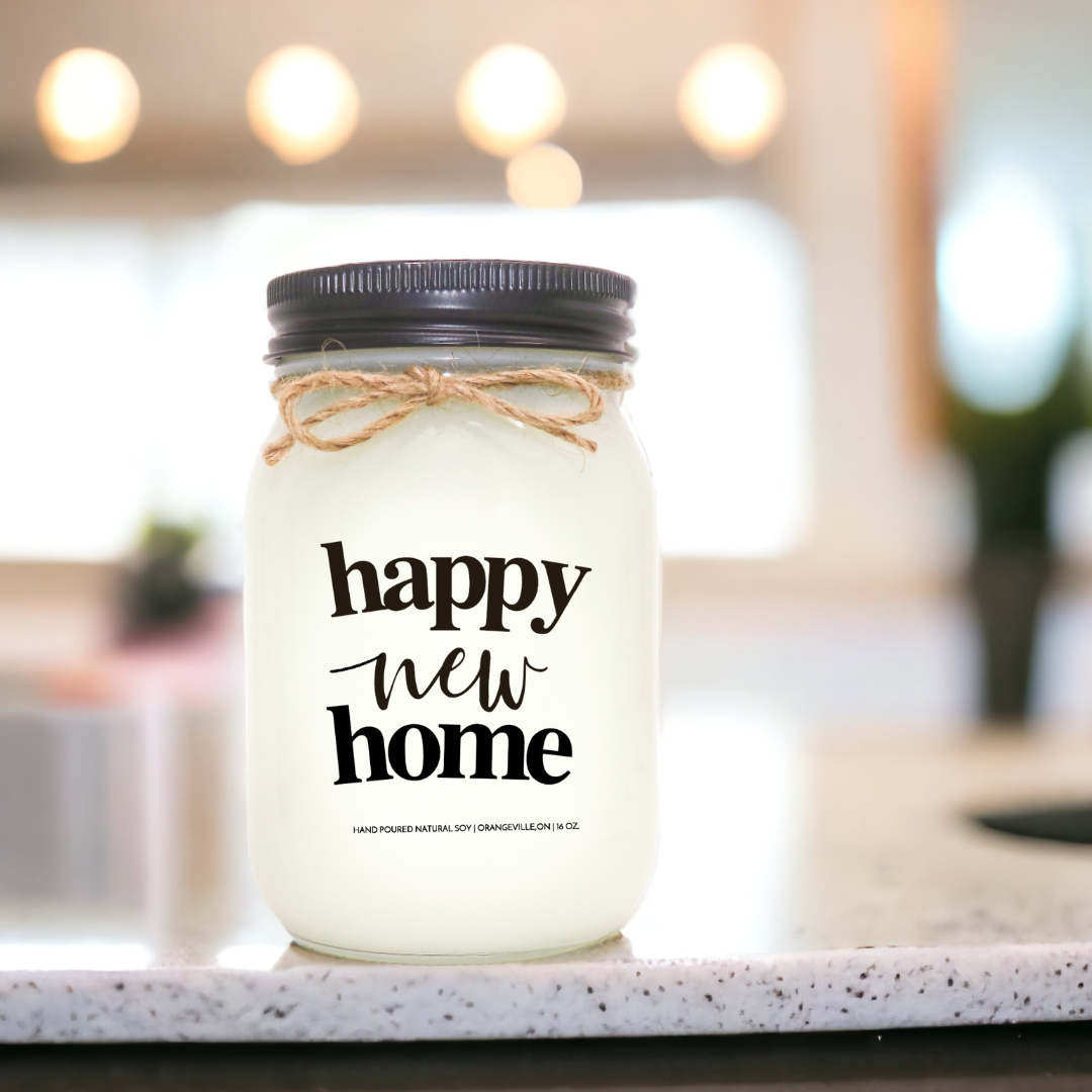 KINDMOOSE CANDLE CO 16 oz Candle Black / Apple Pie Happy New Home Label -  16 oz Soy  Candle -Happy New Home Happy New Home -Mason Jar Candle - Black  Lid