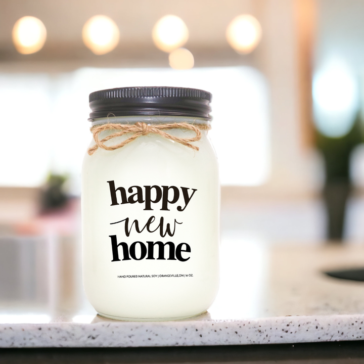 KINDMOOSE CANDLE CO 16 oz Candle Black / Apple Pie Happy New Home Label -  16 oz Soy  Candle -Happy New Home Happy New Home -Mason Jar Candle - Black  Lid