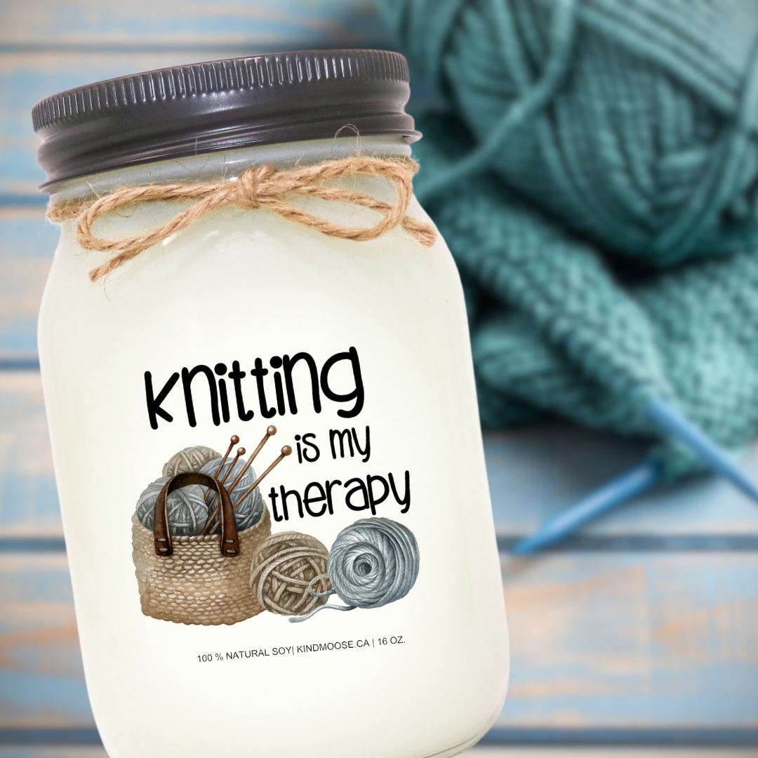 KINDMOOSE CANDLE CO 16 oz Candle Knitting Is My Therapy I Love You Grandma, Soy Candles hand poured in Orangeville, Ontario Canada
