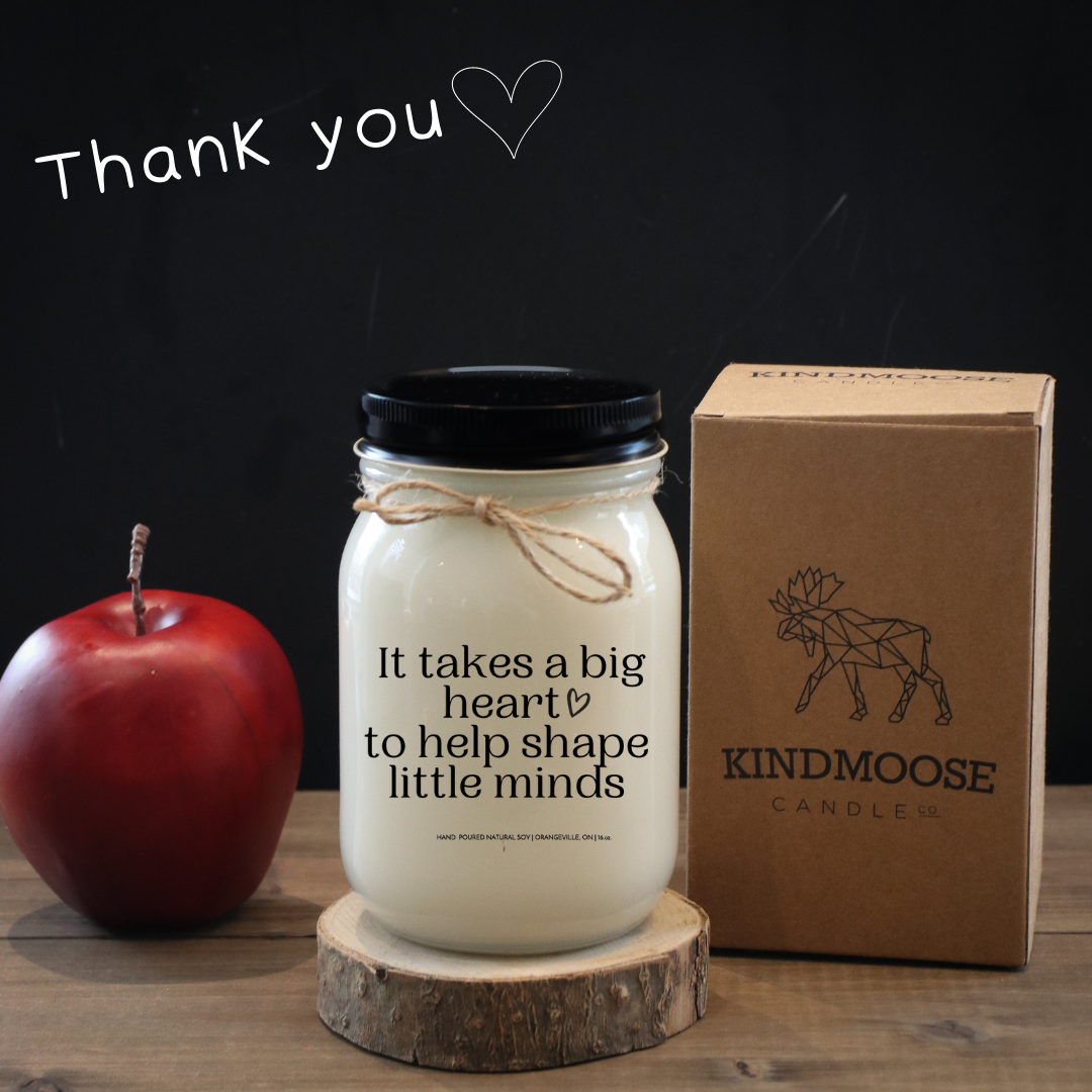 KINDMOOSE CANDLE CO 8 oz Candle Apple Pie / Distressed Bronze / 16 oz It Takes A Big Heart to Help Shape Little Minds black lid mason jar candle 16 oz