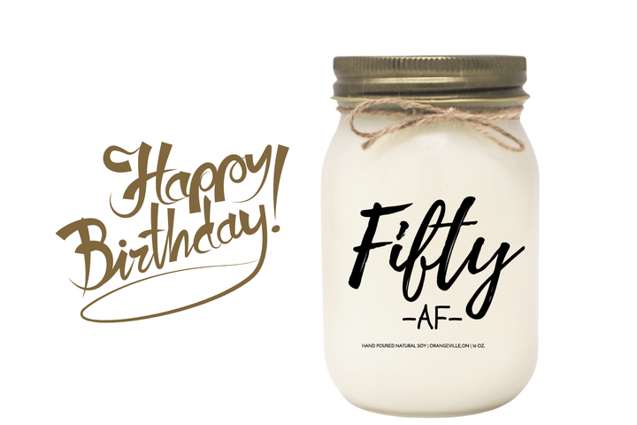 KINDMOOSE CANDLE CO 16 oz Candle 50 / Apple Pie / Antique Gold 30 AF  - (30, 40, 50 Birthday) Funny Birthday Candle - Soy Candles