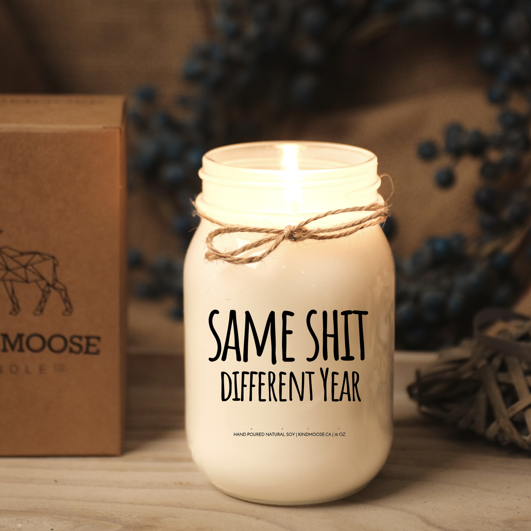 KINDMOOSE CANDLE CO 16 oz Candle Apple Harvest / Distressed Bronze Same Sh*t - Different Year 12 New Chapters, 365 New Pages, Inspirational Soy Candles, made in Canada