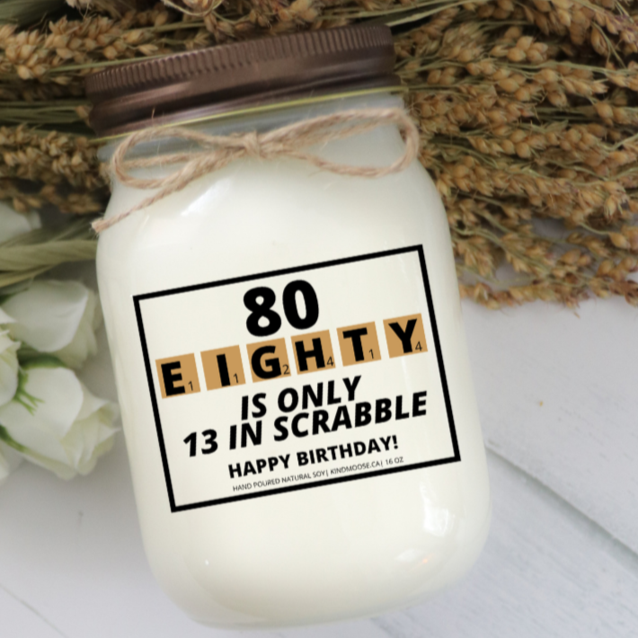 KINDMOOSE CANDLE CO 16 oz Candle Apple Pie / Distressed Bronze 80th Birthday - Eighty is only 13 in Scrabble