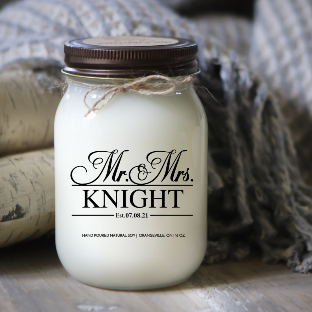 KINDMOOSE CANDLE CO 16 oz Candle Apple Pie / Distressed Bronze Mr. & Mrs...... Customizable