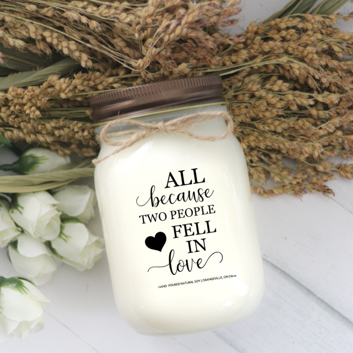 KINDMOOSE CANDLE CO 16 oz Candle Caramel Coffee / Distressed Bronze All Because 2 People Fell in Love All Because 2 People Fell in Love - Soy Candles Made in Canada