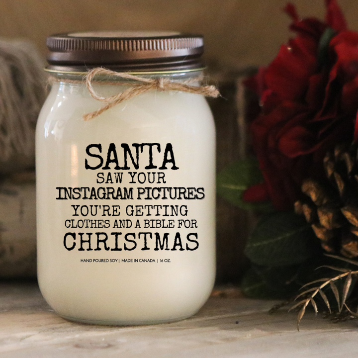KINDMOOSE CANDLE CO 16 oz Candle Caramel Coffee / Distressed Bronze Santa Saw Your Instagram KINDMOOSE Candle Co. - The Funniest Candles for the Holidays!