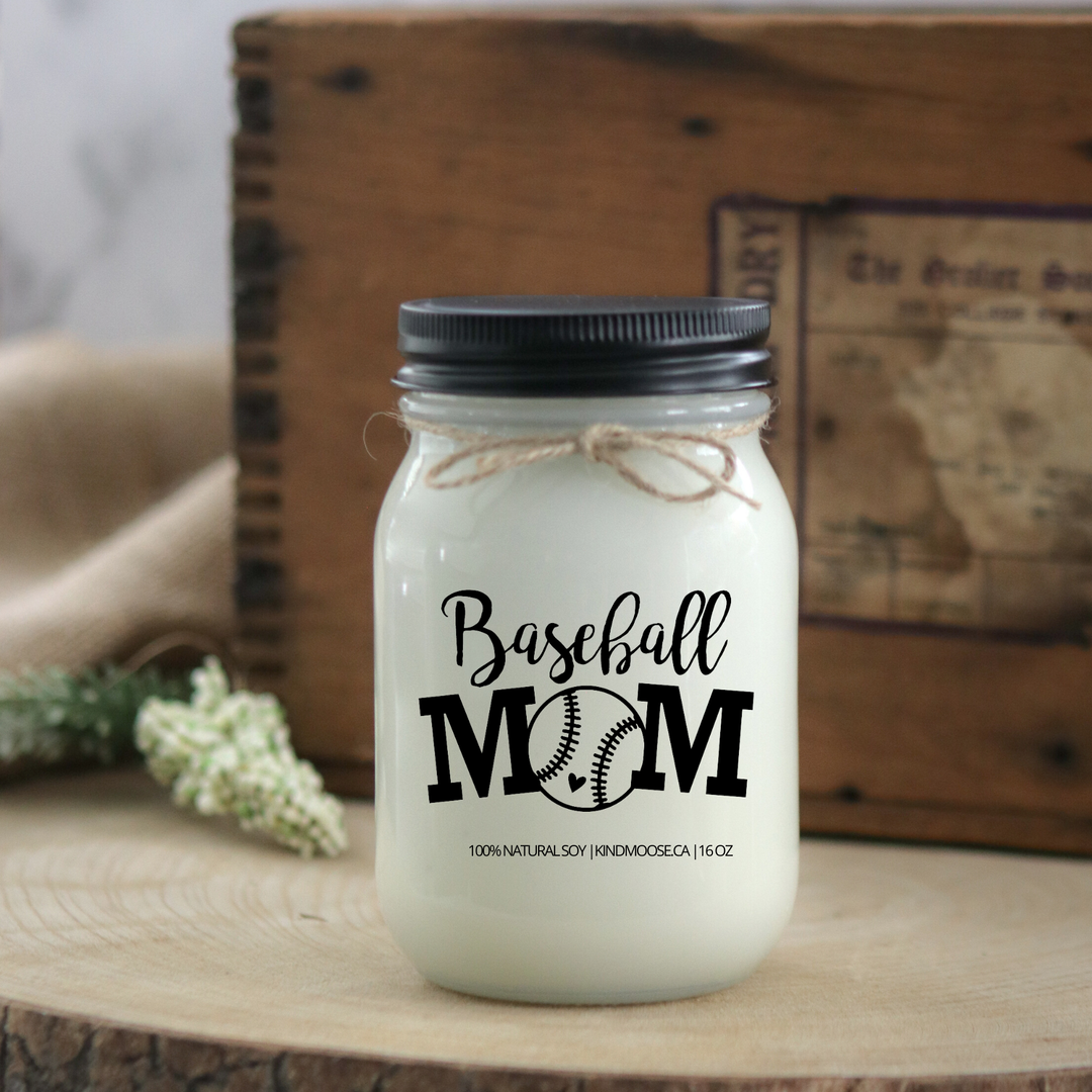 KINDMOOSE CANDLE CO 16 oz Candle Clean Cotton / Black Baseball Mom