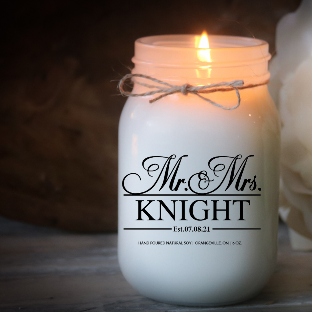 KINDMOOSE CANDLE CO 16 oz Candle Mr. & Mrs...... Customizable