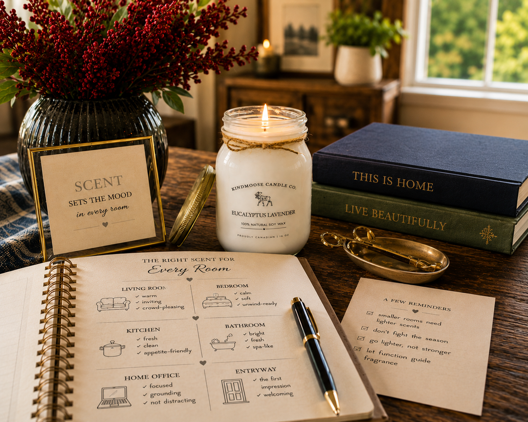Room-by-room candle scent planning with a KINDMOOSE Eucalyptus Lavender soy candle in a cozy home workspace.