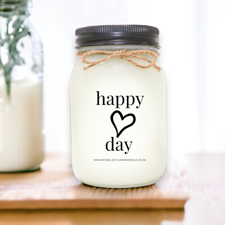Titled: Happy Day with a heart on it - 16 oz mason Jar - soy wax candle - black lid