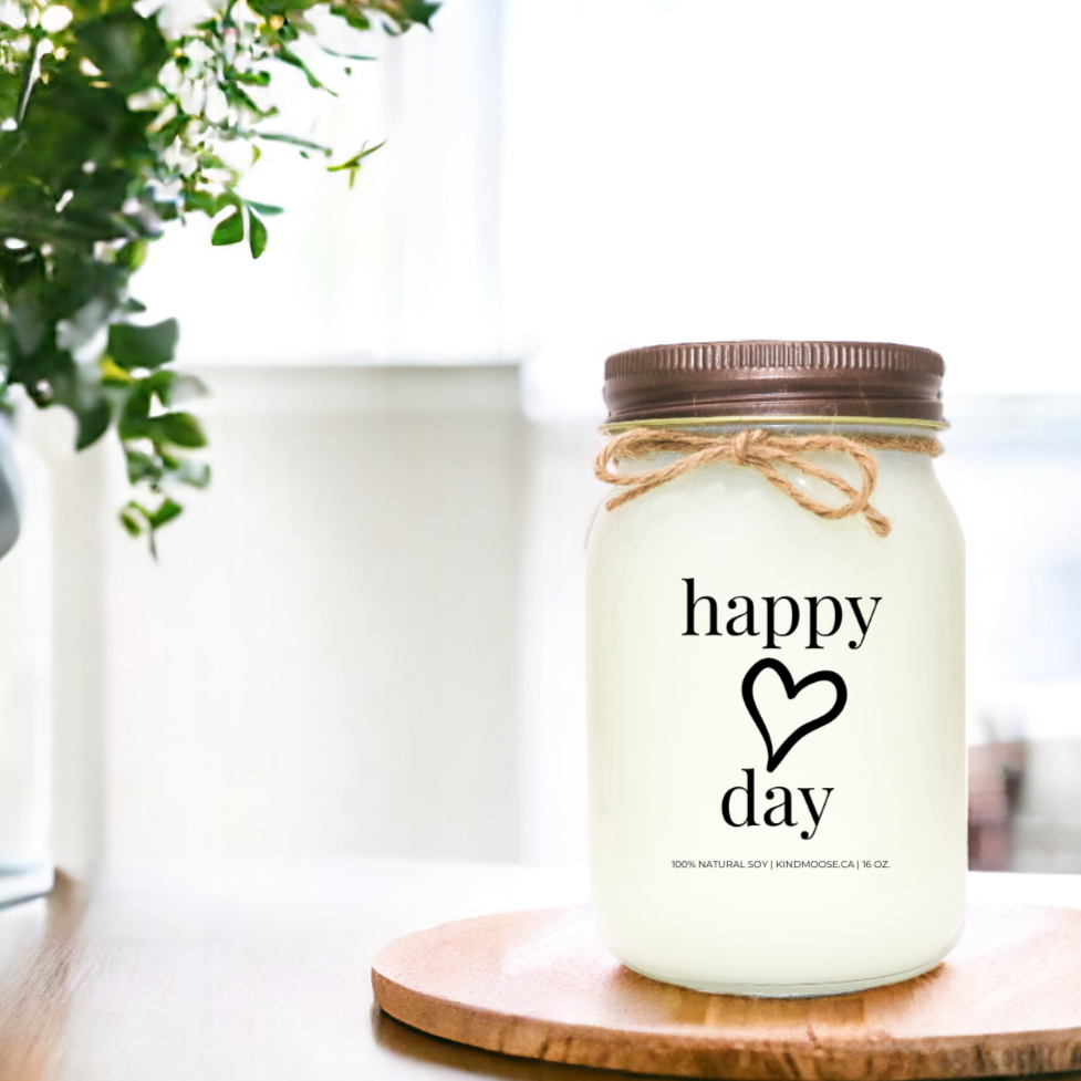 Titled: Happy Day with a heart on it - 16 oz mason Jar - soy wax candle - black lid