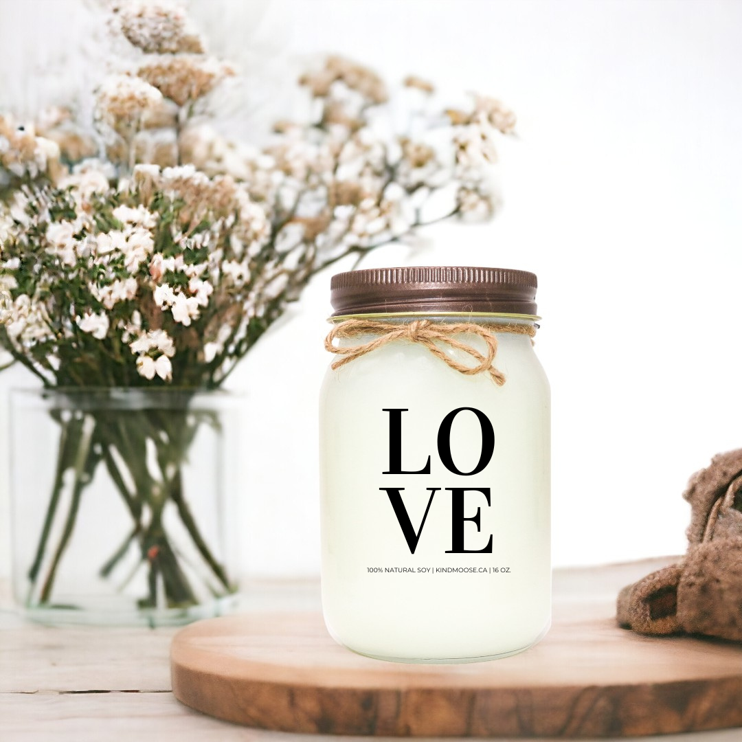 16 oz Scented Soy Candle in Mason Jar - Brown Lid  -the word love written on the label