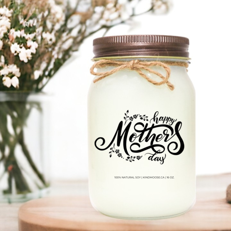 A scented soy candle jar and Brown lid  with "Happy Mother's Day" printed on it with a rustic twine bow, evoking a warm, heartfelt gift for Mom