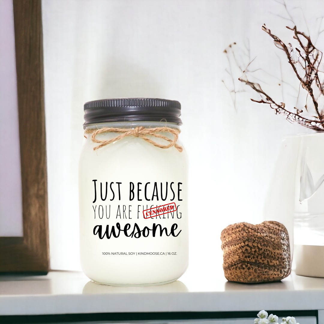 16 oz mason jar soy candle a black lid with a quote - just cause you are fucking awesome..