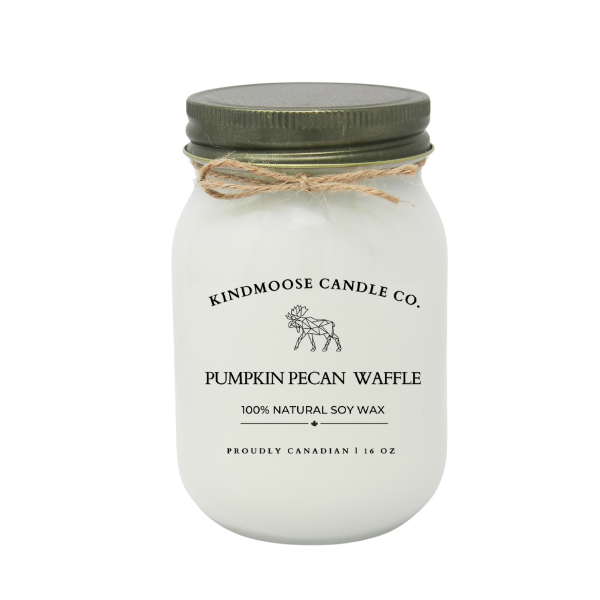 Pumpkin Pecan Waffle scented soy candle in a classic mason jar, with warm notes of pumpkin, toasted pecans, maple, and brown sugar, perfect for cozy fall vibes