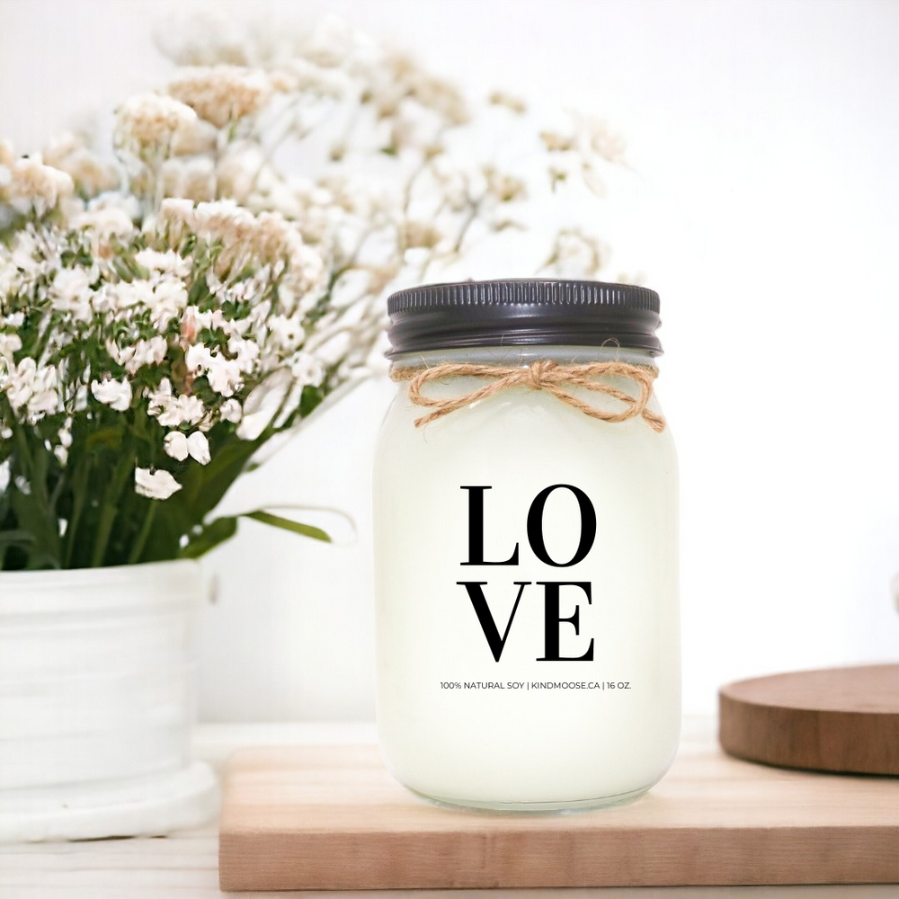 16 oz Scented Soy Candle in Mason Jar - Black  Lid  -the word love written on the label
