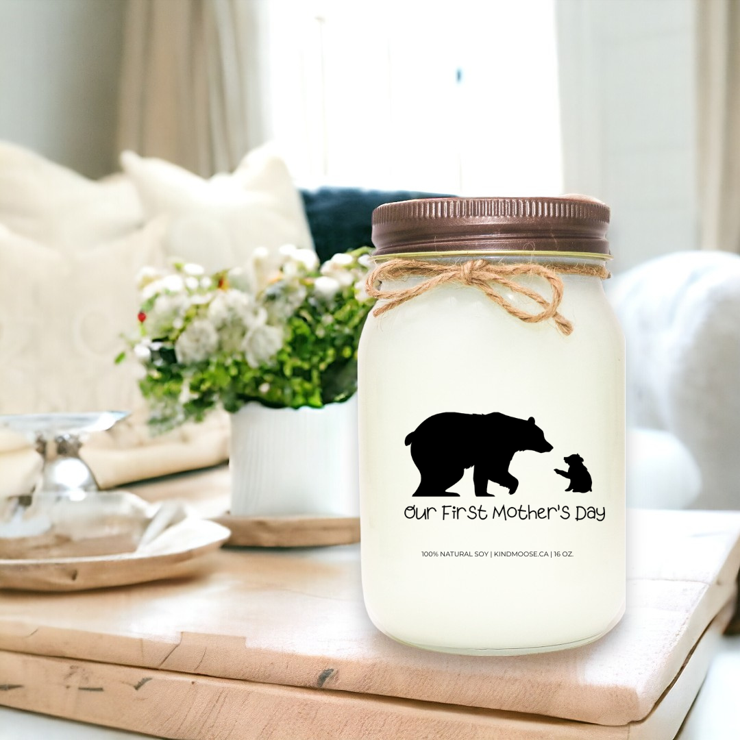 mason jar candle - 16 oz with a baby bear and mother bear on the lable -brown lid