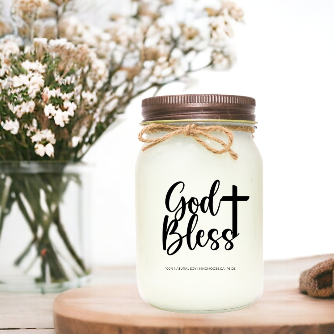 16 oz Mason Jar Soy Candle - with God Bless written on it - Brown Lid