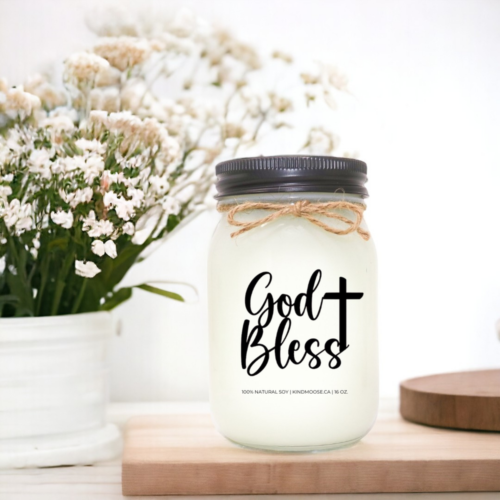 16 oz Mason Jar Soy Candle - with God Bless written on it - Black Lid