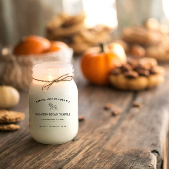 Lit Pumpkin Pecan Waffle soy candle in a mason jar, glowing with the rich scent of pumpkin, pecan, and maple syrup, creating a warm and inviting autumn atmosphere