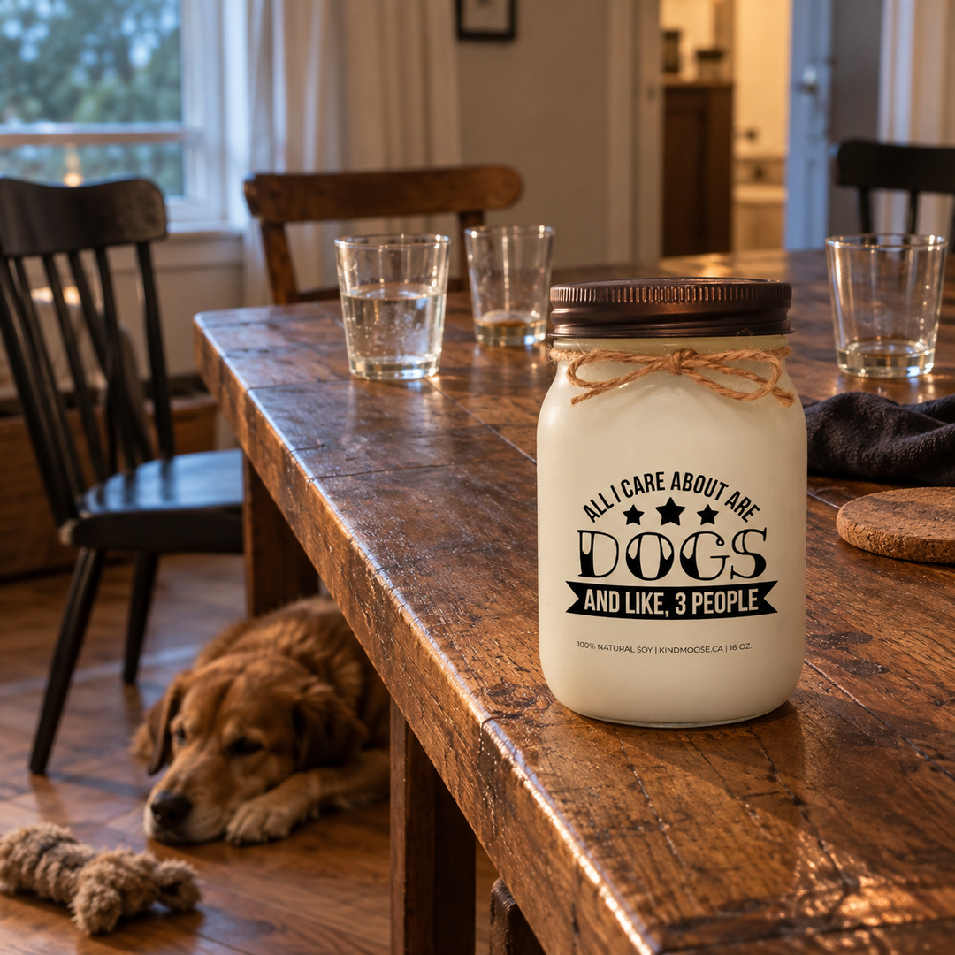 KINDMOOSE All I Care About Are Dogs and Like 3 People candle in a casual dining room with three chairs, used glasses and a dog resting nearby.
