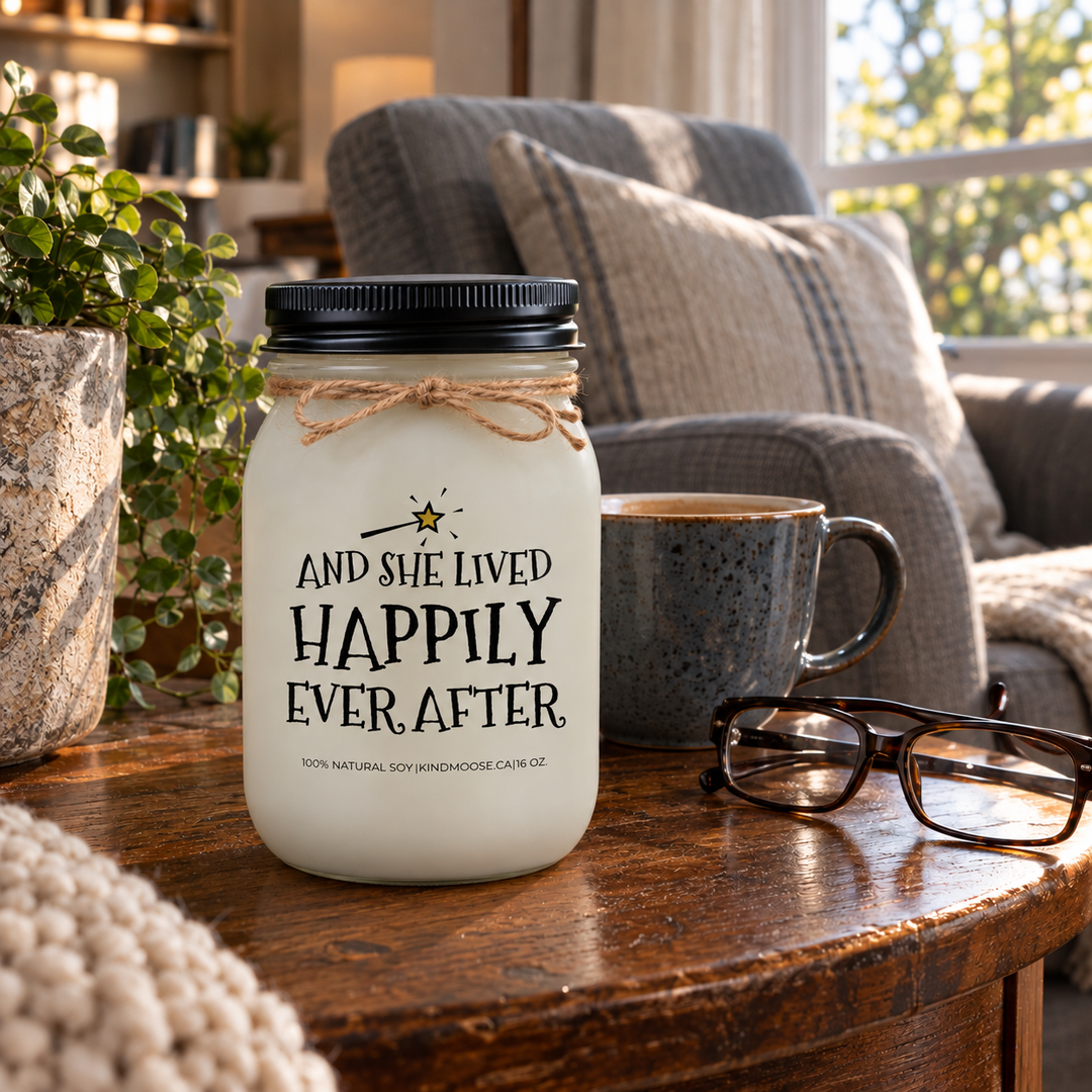 KINDMOOSE And She Lived Happily Ever After 16 oz candle with matte black lid on a wooden side table beside a comfortable chair in a peaceful living room.