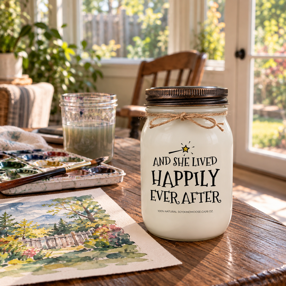 KINDMOOSE And She Lived Happily Ever After candle with distressed bronze lid beside watercolour painting supplies in a sunroom overlooking a backyard.