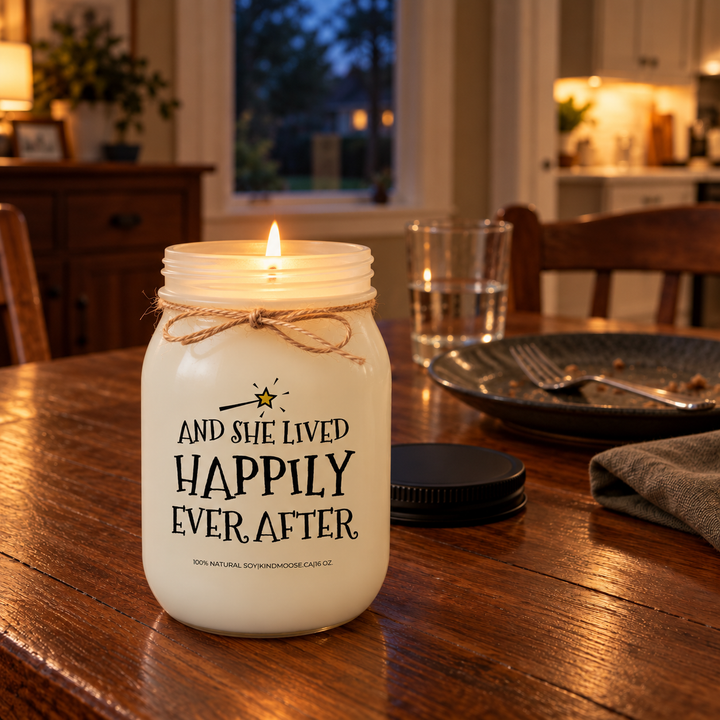 KINDMOOSE And She Lived Happily Ever After 16 oz candle burning on a wooden dining table beside a finished dinner setting in a cozy evening atmosphere.