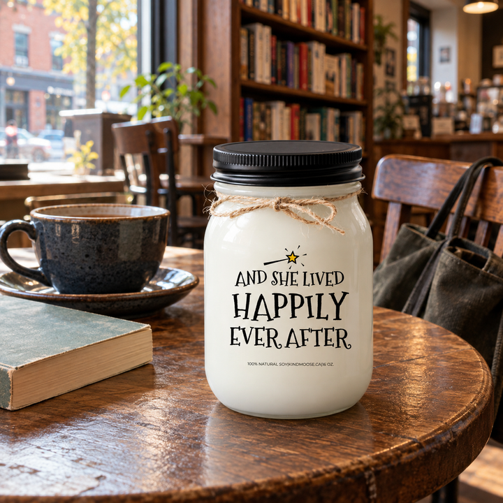 KINDMOOSE And She Lived Happily Ever After candle with matte black lid on a bookshop café table beside a cup of tea and paperback book.