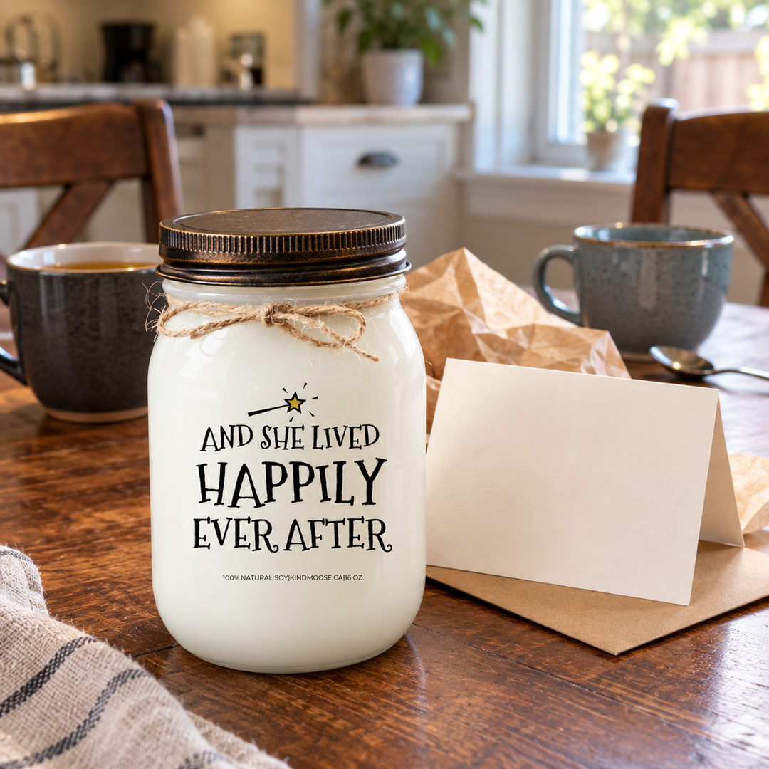 KINDMOOSE And She Lived Happily Ever After 16 oz candle with distressed bronze lid, blank greeting card and kraft envelope on a kitchen table with two cups of tea.