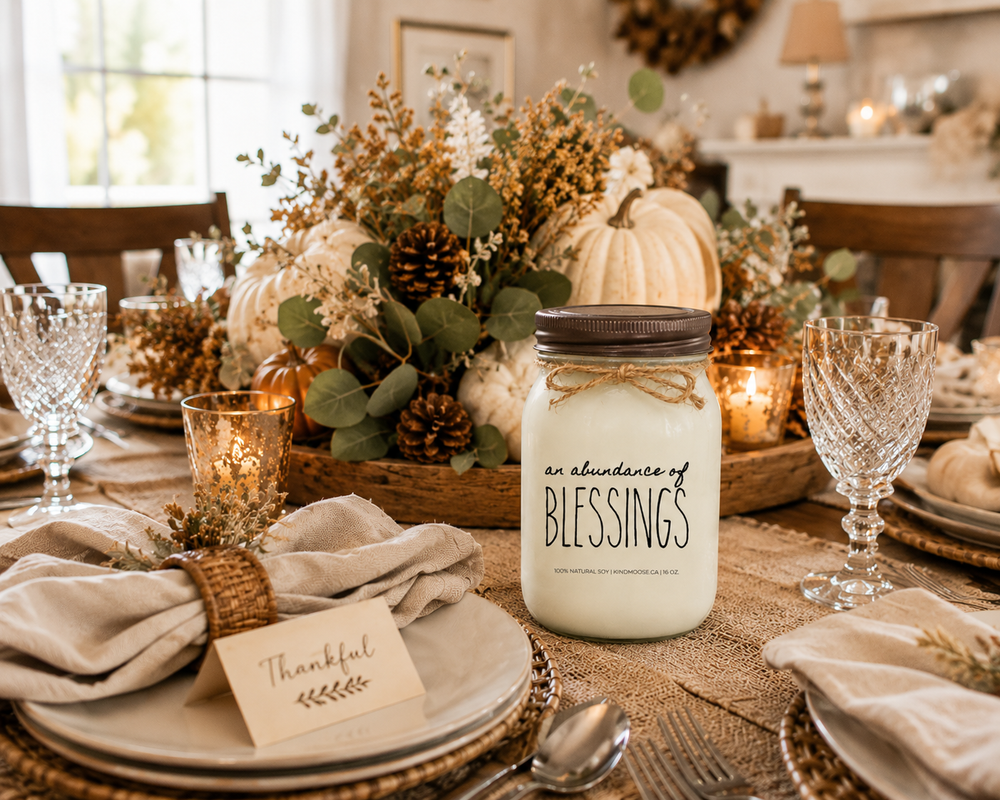 AN ABUNDANCE OF BLESSINGS soy candle with distressed bronze lid styled on a Thanksgiving dining table with harvest décor, seasonal greenery, elegant place settings, and a welcoming gathering atmosphere.