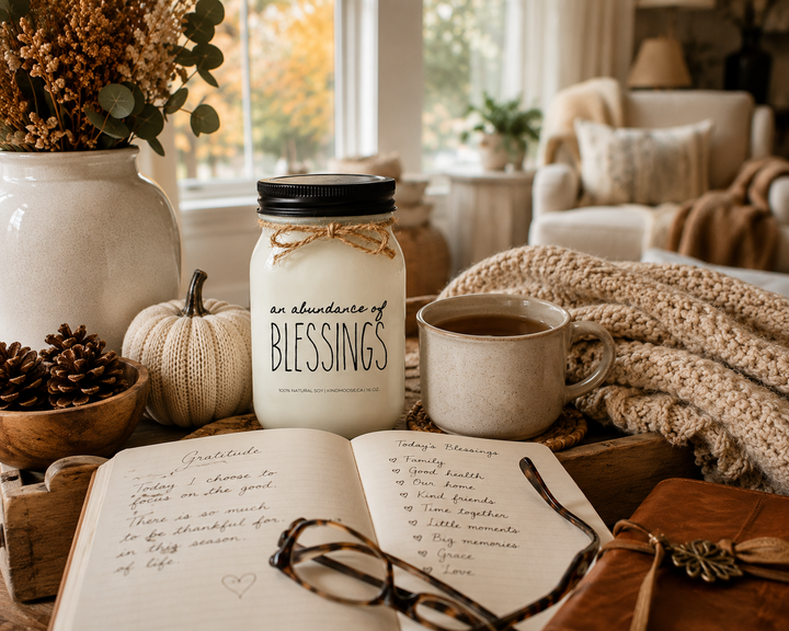 AN ABUNDANCE OF BLESSINGS soy candle displayed beside a gratitude journal, reading glasses, herbal tea, pinecones, and autumn décor in a bright and reflective fall setting.