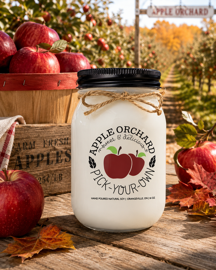 APPLE ORCHARD PICK-YOUR-OWN soy candle displayed on a rustic orchard harvest table surrounded by fresh apples, wooden crates, autumn leaves, and rows of apple trees during peak fall season.