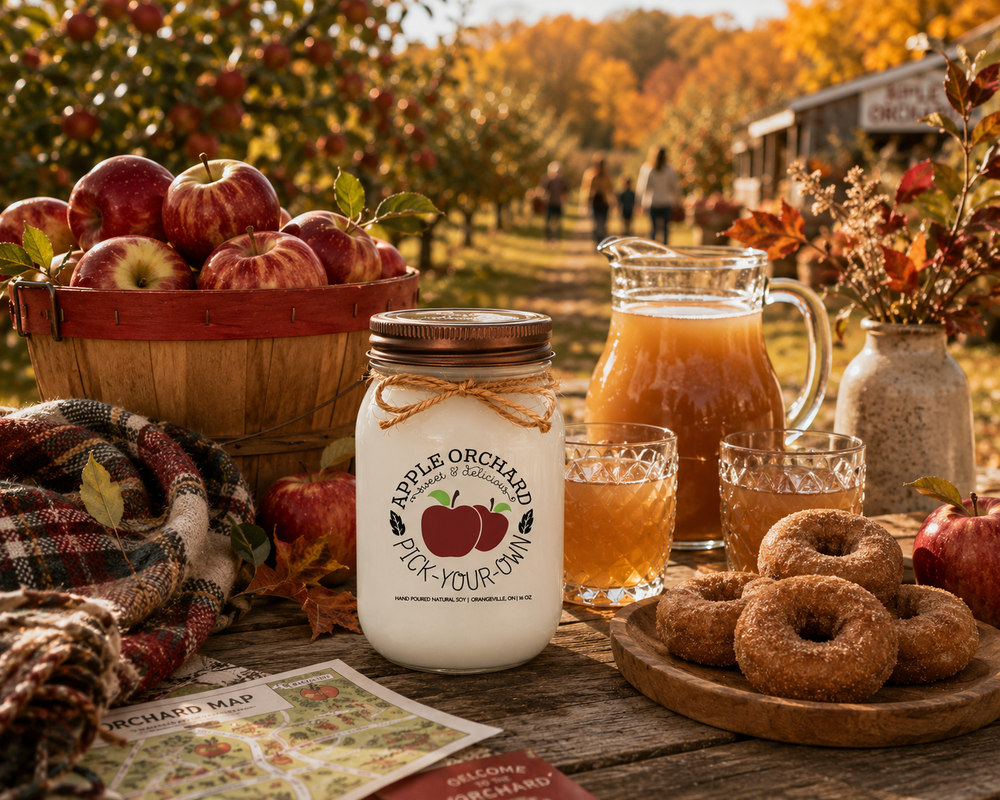 APPLE ORCHARD PICK-YOUR-OWN soy candle with distressed bronze lid styled at a family apple orchard gathering with fresh apples, apple cider, orchard treats, and golden autumn scenery.