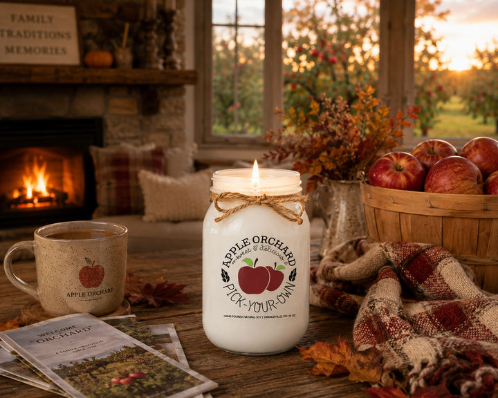 Burning APPLE ORCHARD PICK-YOUR-OWN soy candle in a cozy farmhouse living room featuring a fireplace, harvest basket of apples, plaid blanket, and warm autumn evening atmosphere.