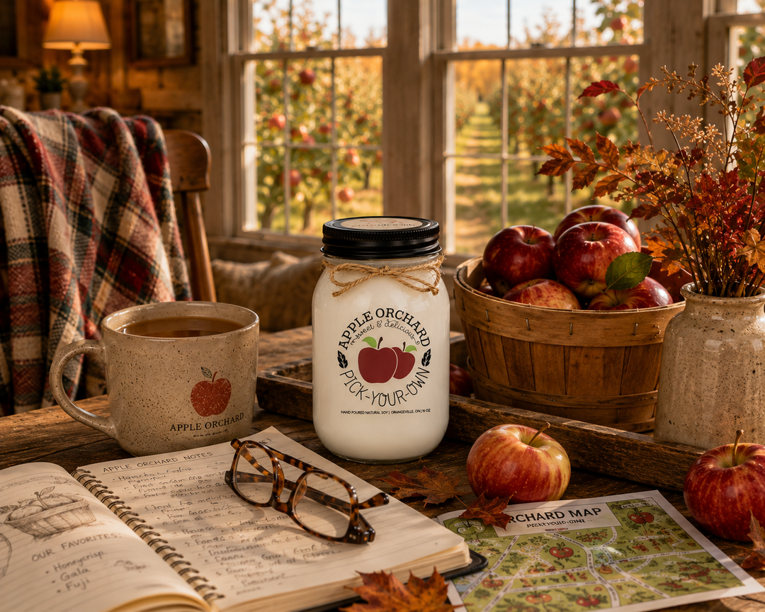 APPLE ORCHARD PICK-YOUR-OWN soy candle displayed beside an orchard guidebook, reading glasses, hot apple cider, fresh-picked apples, and rustic farmhouse décor overlooking an apple orchard.