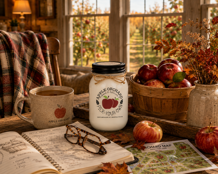 APPLE ORCHARD PICK-YOUR-OWN soy candle displayed beside an orchard guidebook, reading glasses, hot apple cider, fresh-picked apples, and rustic farmhouse décor overlooking an apple orchard.