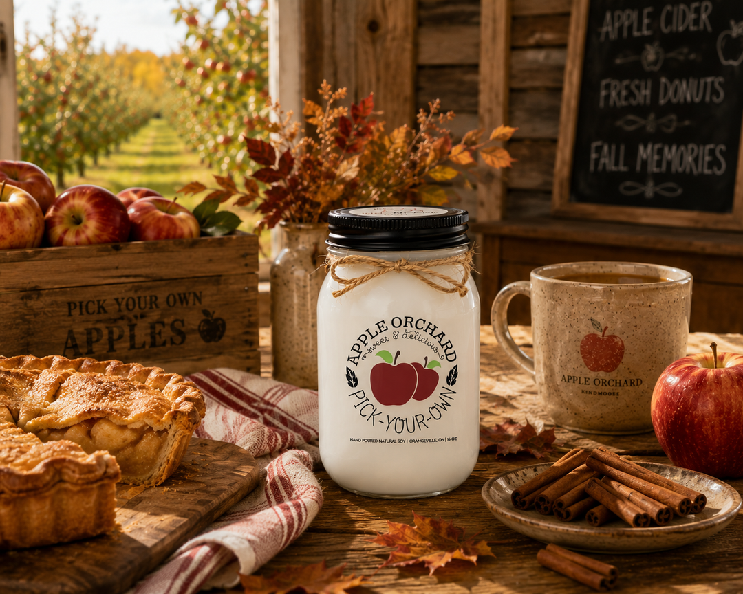 APPLE ORCHARD PICK-YOUR-OWN soy candle with distressed bronze lid styled as a thoughtful fall gift surrounded by fresh apples, orchard-inspired décor, warm harvest accents, and rustic farmhouse charm.