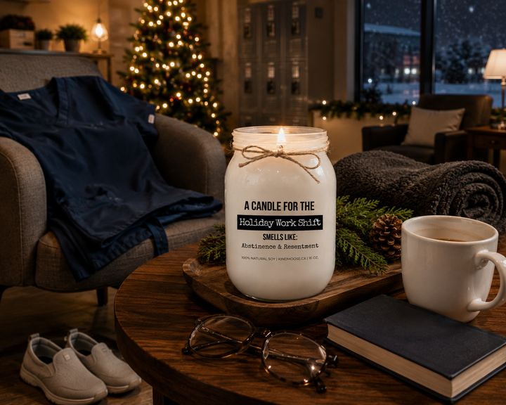A burning KINDMOOSE "A Candle for the Holiday Shift" soy candle without a lid sits on a reclaimed walnut side table inside a peaceful hospital relaxation room after a long holiday shift. A folded scrub top, slip-on shoes, coffee mug, reading glasses, cedar branches, and a softly lit Christmas tree create a quiet moment of comfort after caring for others.