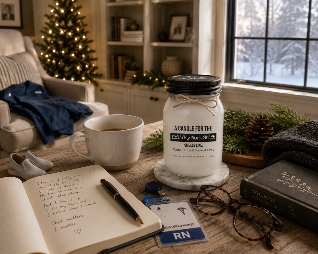 A KINDMOOSE "A Candle for the Holiday Shift" 16 oz soy candle with a black lid sits on a reclaimed white oak writing desk beside a handwritten journal, hospital ID badge, fountain pen, reading glasses, and a coffee mug. Warm morning light and a softly glowing Christmas tree create a peaceful space to reflect after working through the holidays.