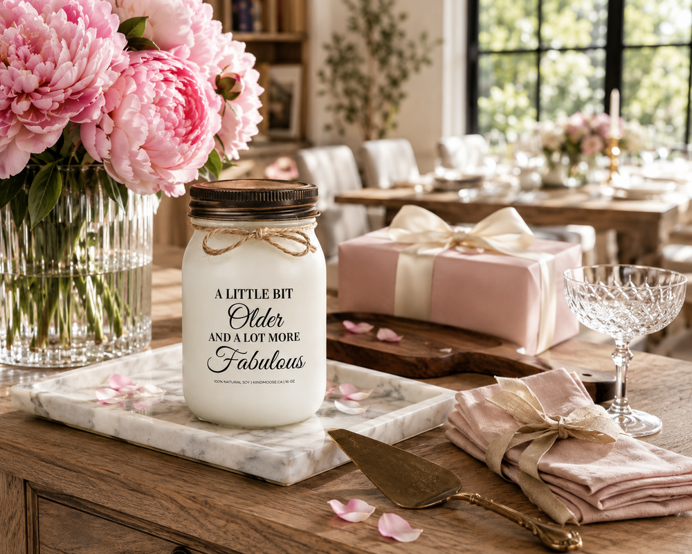 A LITTLE BIT OLDER AND A LOT MORE FABULOUS customizable soy candle with a distressed bronze lid resting on a reclaimed white oak sideboard prepared for an elegant birthday brunch. Blush peonies, linen napkins, a wrapped gift, crystal champagne coupe, and soft natural light create a refined and joyful birthday atmosphere.