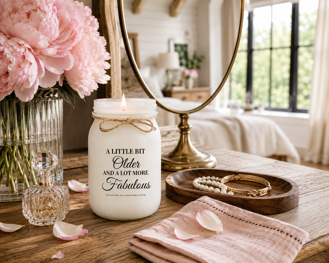 A LITTLE BIT OLDER AND A LOT MORE FABULOUS customizable soy candle burning without a lid on a reclaimed white oak bedroom vanity. Blush peonies, elegant jewelry, a crystal perfume bottle, and soft morning sunlight create a peaceful and luxurious birthday morning scene celebrating confidence and beauty.