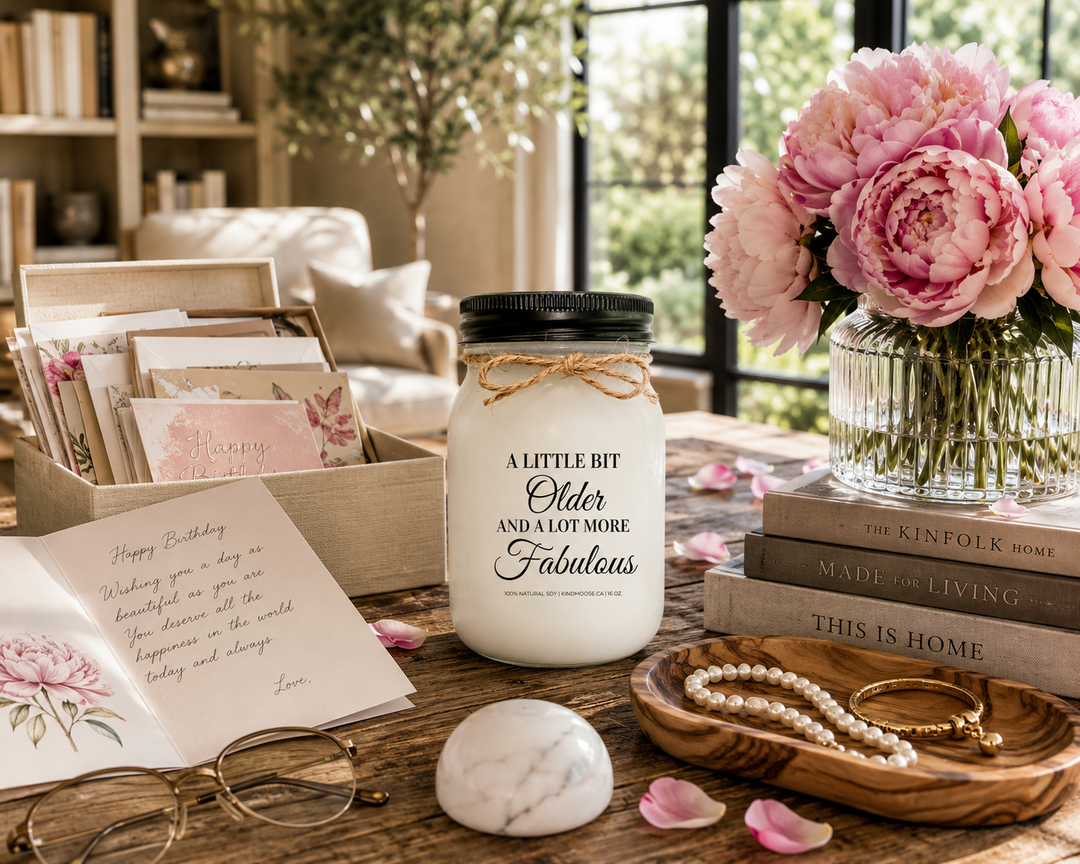 A LITTLE BIT OLDER AND A LOT MORE FABULOUS customizable soy candle with a black lid displayed on a reclaimed white oak library table beside treasured birthday cards, fresh blush peonies, vintage reading glasses, and meaningful keepsakes. A bright luxury farmhouse library creates a warm and reflective birthday storytelling scene.