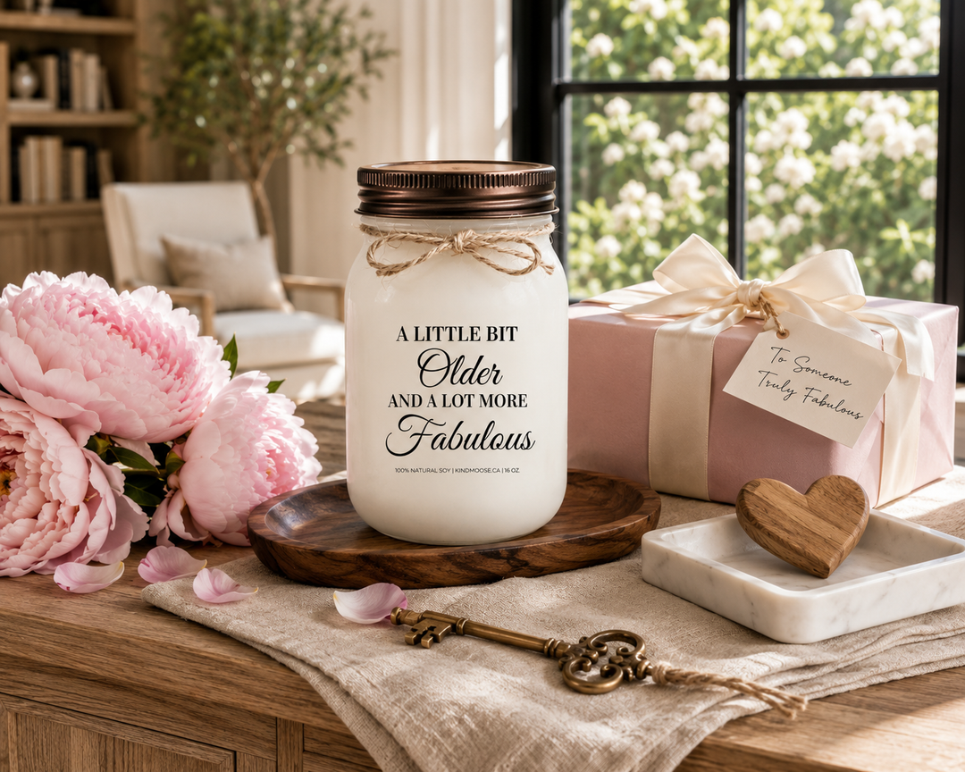 A LITTLE BIT OLDER AND A LOT MORE FABULOUS customizable soy candle with a distressed bronze lid showcased on a reclaimed white oak library console beside a blush pink wrapped gift, fresh peonies, an antique brass key, and elegant birthday décor. A bright luxury Canadian farmhouse library creates a sophisticated birthday gifting scene.