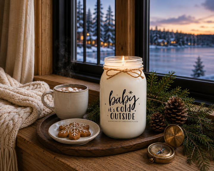 BABY IT'S COLD OUTSIDE KINDMOOSE candle burning without a lid on a reclaimed white oak window alcove overlooking a frozen lake at blue hour, styled with a steaming mug of hot chocolate, a gingerbread cookie, an ivory knit blanket, cedar sprigs, pinecones, and a brass compass in a cozy lakeside farmhouse.