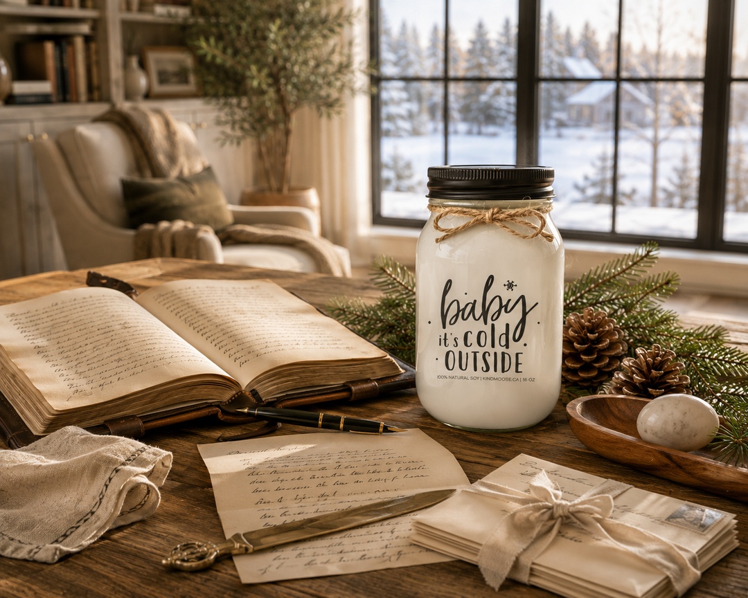 BABY IT'S COLD OUTSIDE KINDMOOSE candle with a black lid displayed on a reclaimed white oak writing desk in a luxury mountain farmhouse reading room, surrounded by a handwritten journal, vintage fountain pen, heartfelt letter, cedar sprigs, pinecones, and timeless winter décor with softly falling snow outside.