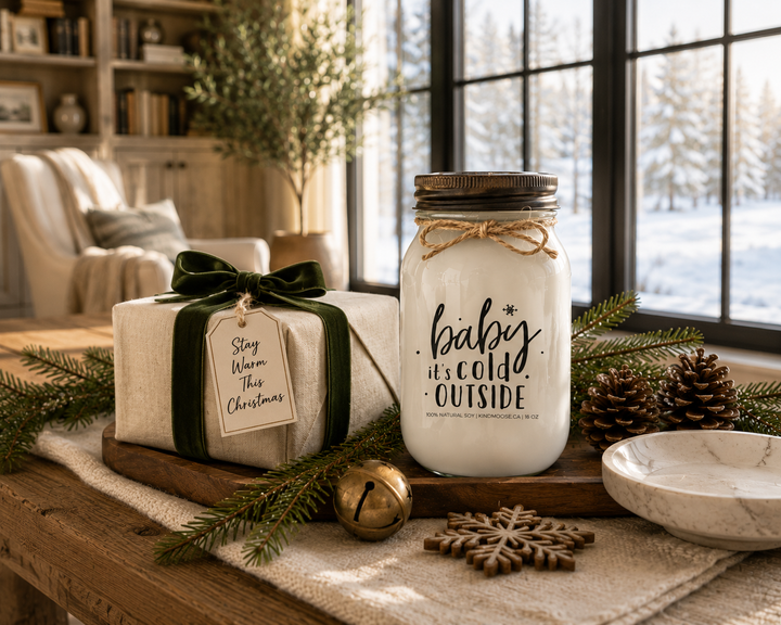 BABY IT'S COLD OUTSIDE KINDMOOSE candle with a distressed bronze lid displayed as the hero of an elegant winter gift scene on a reclaimed white oak library console, beside a beautifully wrapped linen gift with a forest green velvet ribbon, cedar branches, pinecones, a brass sleigh bell, and snowy mountain views through large black-framed windows.