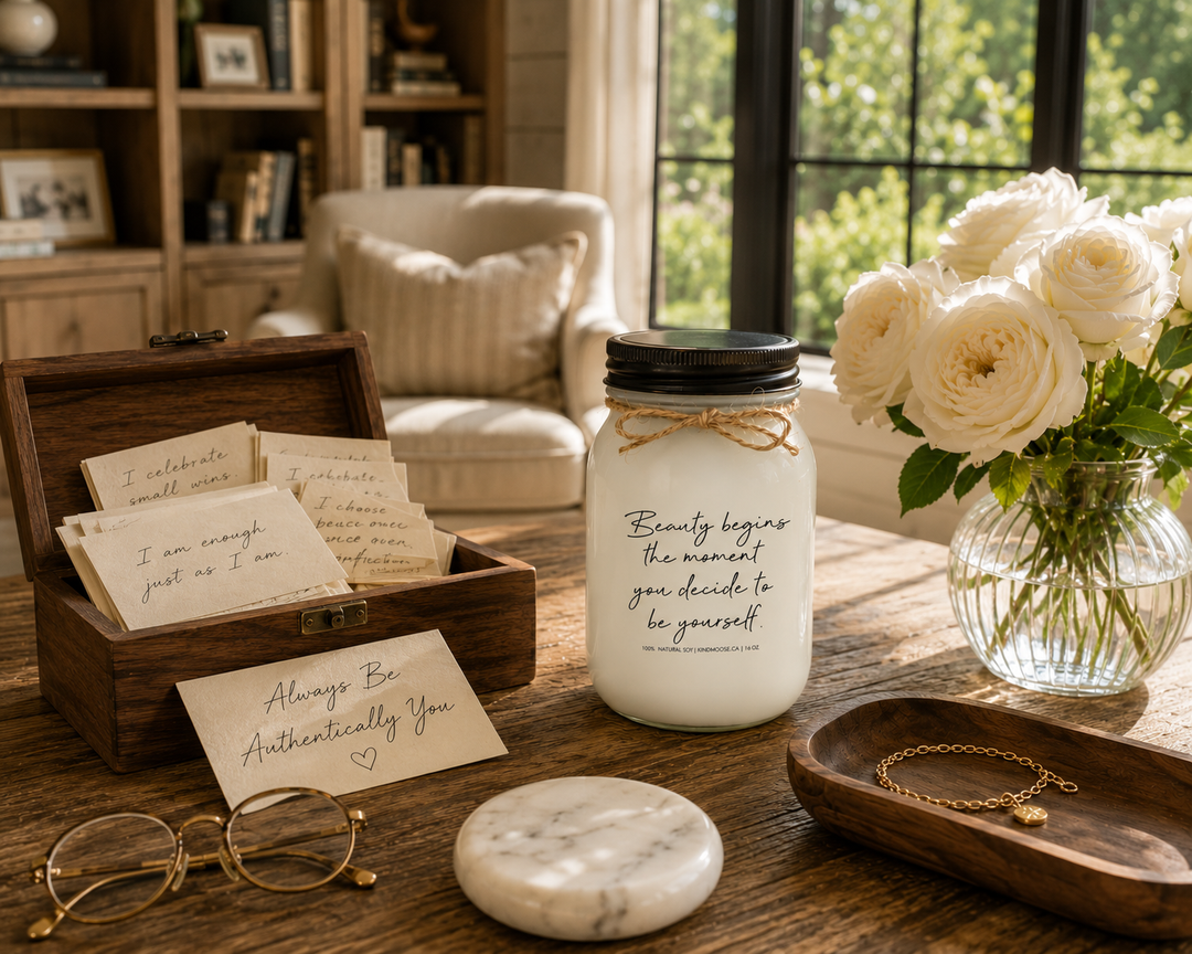 BEAUTY BEGINS THE MOMENT YOU DECIDE TO BE YOURSELF KINDMOOSE candle with a matte black lid displayed on a reclaimed white oak library table beside a walnut keepsake box filled with handwritten affirmation cards, brass reading glasses, white marble paperweight, gold bracelet, and white garden roses in a luxury modern farmhouse reading room.
