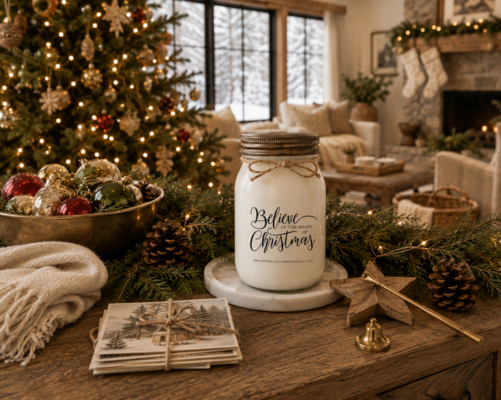BELIEVE IN THE MAGIC OF CHRISTMAS candle on a reclaimed white oak writing desk inside a luxury farmhouse Christmas study, surrounded by a handwritten journal, Christmas cards, vintage postcards, cedar sprigs, pinecones, and soft winter morning sunlight.